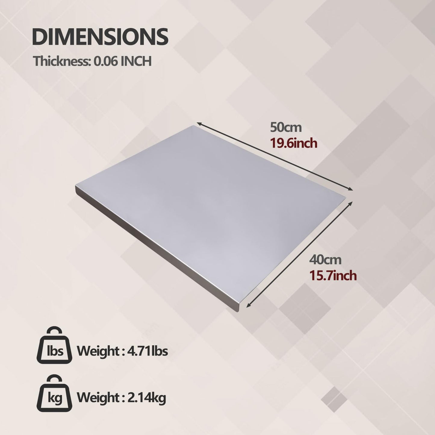 Stainless Steel Kitchen Cutting Board, 304 Stainless Steel, Double-Sided for Separation, Baking and Pizza Making (15.7×19.6×0.06")