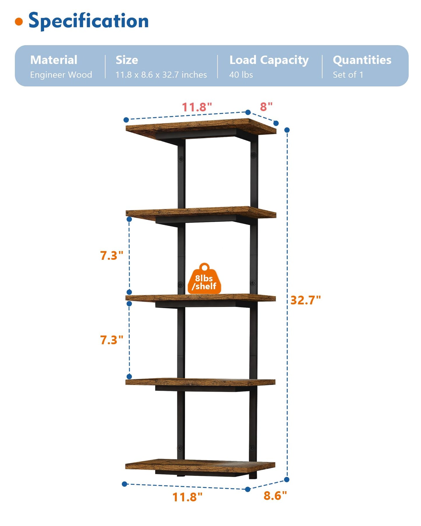 Harwaya 5 Tier Wall Bookshelf Unit for Bedroom Books, Large Floating Book Shelves Wall Mounted, Rustic Wood Lack Tiered Hanging Shelf for Kitchen Office Living Room Corner (Dark Brown)