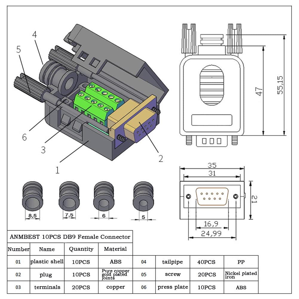 ANMBEST 10PCS DB9 Female Breakout Connector,DB9 Solderless RS232 D-SUB Serial to 9-pin Port Terminal Adapter Connector Breakout Board with Case Long Bolts Tail Pipe