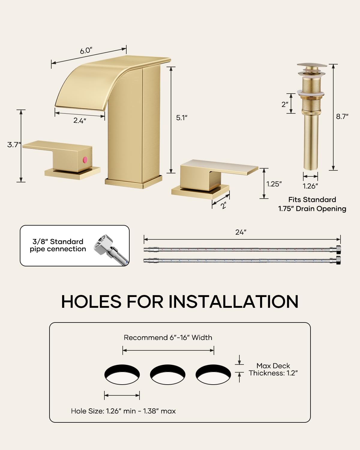 AVSIILE Waterfall Bathroom Faucet 3 Hole, Brushed Gold 8 Inch Widespread Modern 3 Piece Bathroom Sink Faucet, Touch On Lavatory Faucet for Vanity RV Restroom, Curved Spout