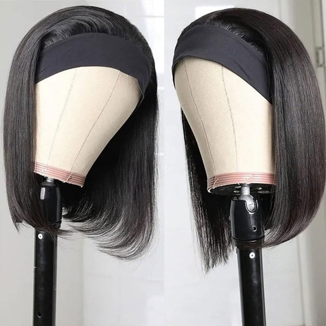 Annora Headband Wigs Human Hair Short Bob Wig Human Hair Straight bob Headband Wig Human Hair Remy Hair Easy Wear and Go Glueless WigsBob Headband Wigs for Women Black Color 150% Density 12 Inch