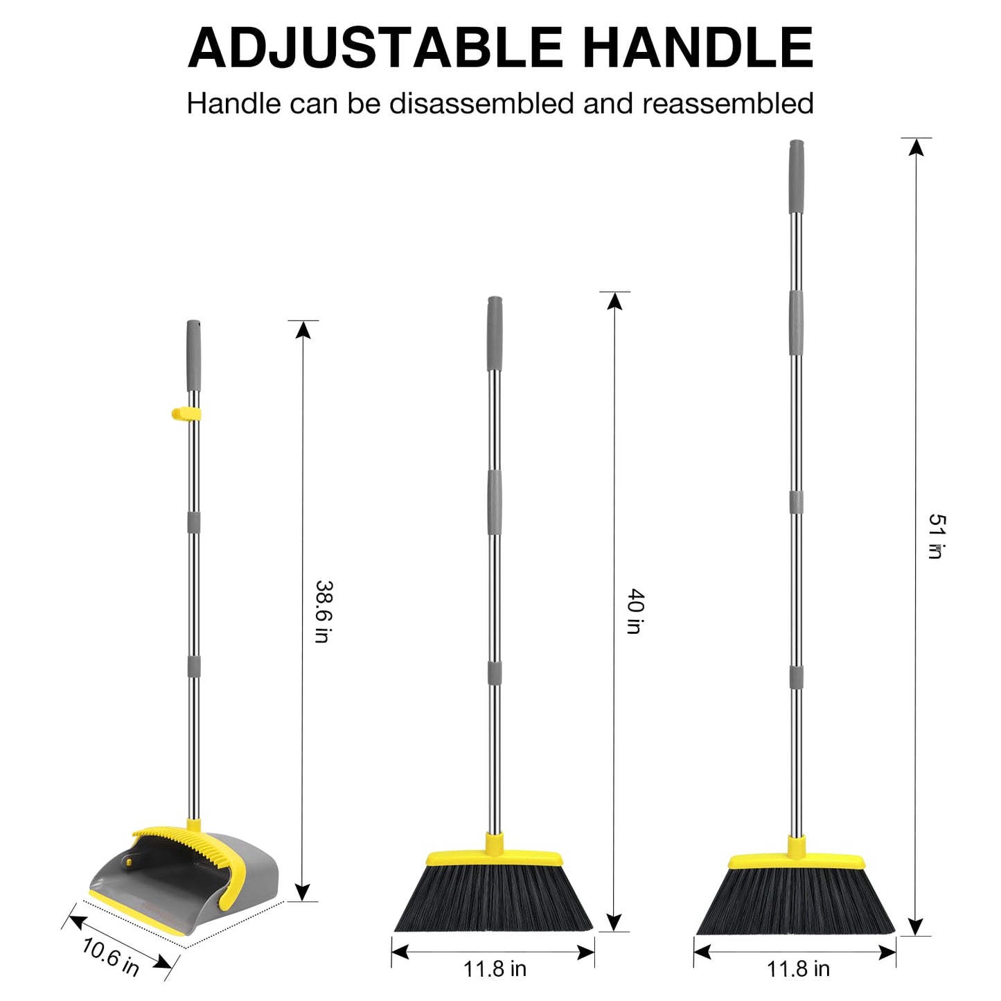 NACENA Broom and Dustpan Set, 52-in Long Adjustable Handle Broom Dustpan Combo with Dustpan Teeth to Automatically Clean Hair Suitable for Home Kitchen Office Hall Floor (Grey&Yellow), 4 Pack