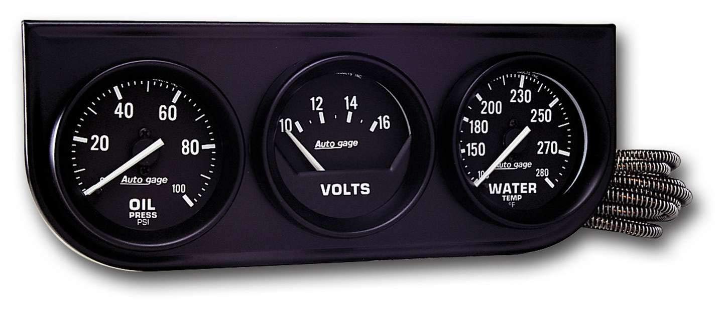 AUTO METER 2397 Autogage Black Console Oil/Volt/Water Gauge,2.3125 in., Black dial/Black bezel