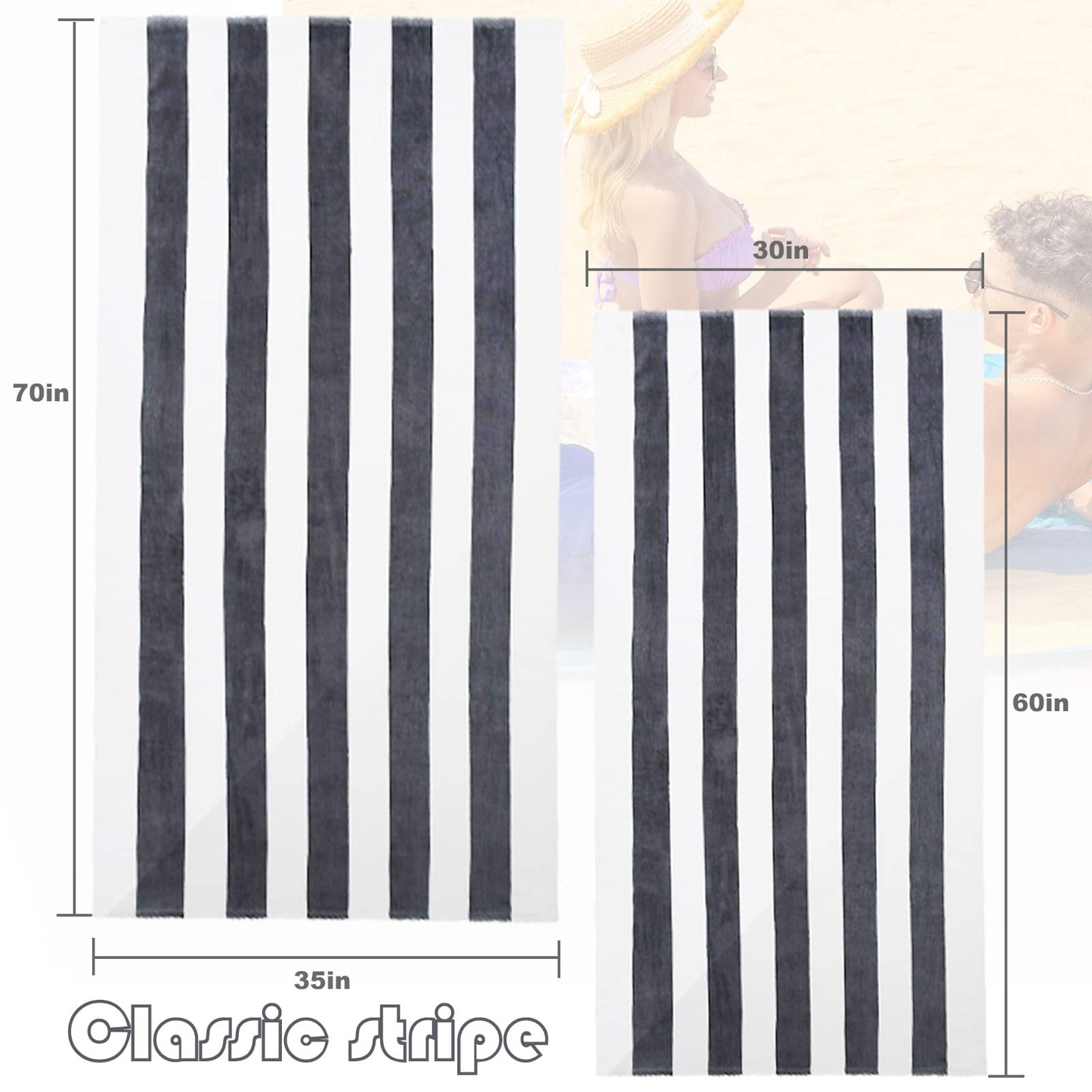 Exclusivo Mezcla 4 Pack Cotton Oversized 35x70 Inches Soft Cabana Stripe Thick Beach Towel, Super Absorbent Travel Bath Pool Towel (Charcoal Grey)