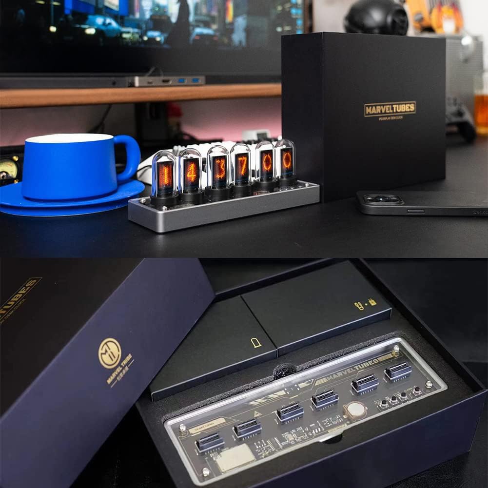 Adventurers IPS Nixie Tube Clock, Creative Electronic DIY Nixie Tube Clock Simulation with 6-Bit IPS LCD Screen,12/24 Hours, RGB Backlit Desktop Decoration,Gifts for Decorating Rooms and Desks