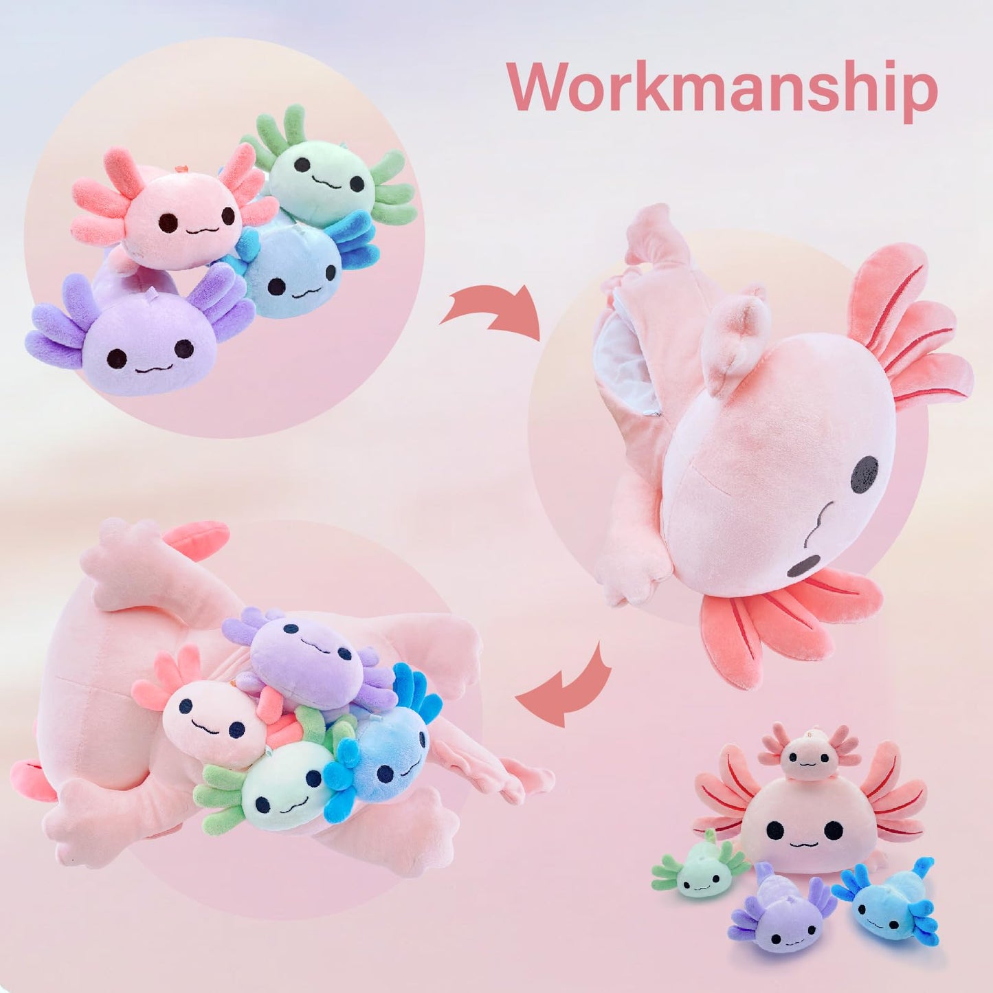 YUNCOL Axolotl Plush,Cute Axolotl Mommy Stuffed Animal with 4 Baby Axolotl Plushies in Tummy,Kawaii Axolotl Plush Toy Gift for Kids Girls Boys