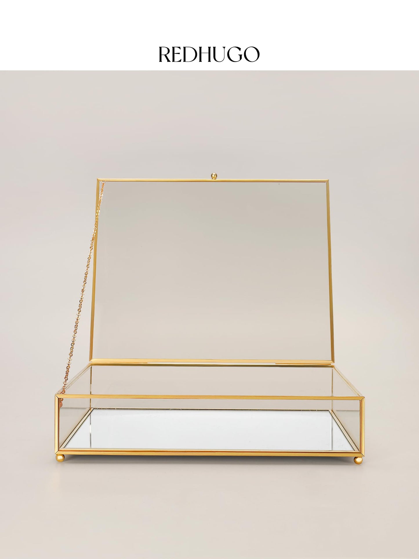 REDHUGO Large Glass Boxes for Display Handmade, Mirrored Bottom, Glass Jewelry Trinket Box with Lid, for Book, Photo, Keepsake Organizer, Display Case for Vanity Decor Home Dresser, Gold