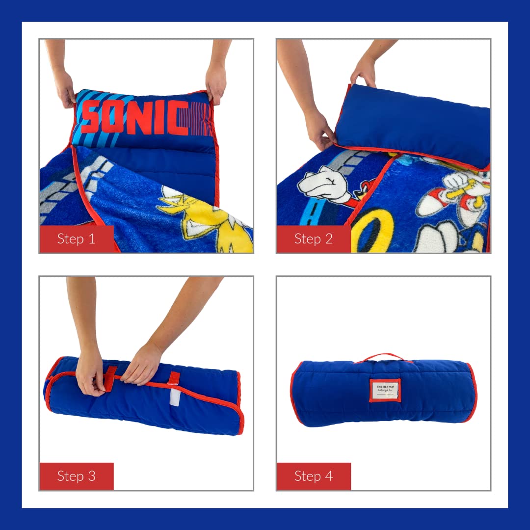 Sonic The Hedgehog 21"(W) X 45"(L) Soft Toddler Nap Mat with Pillow and Blanket Perfect for Preschool, Daycare, and Travel (100% Official Licensed Product)