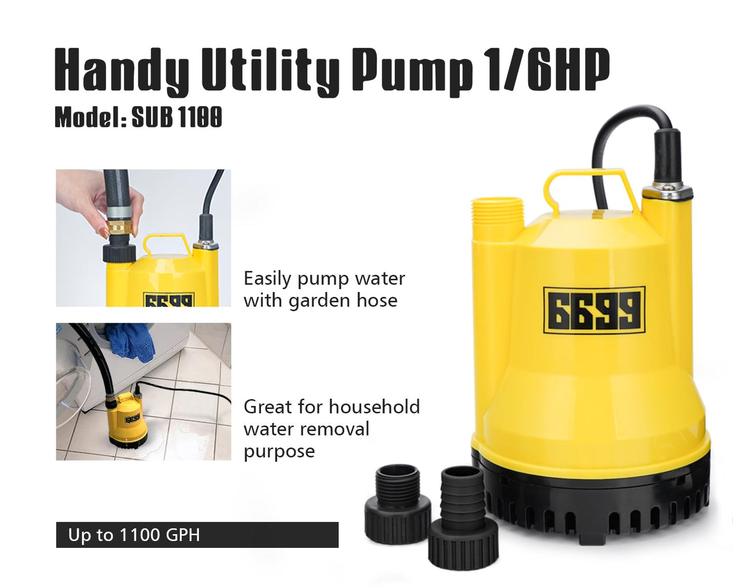 6699 1/6HP Portable Utility Pump Submersible Small Backup Sump Pump Draining pump to Remove Water from Flooding House Basement Pool Tankless Heater Flushing Pump with 10-Foot Cord SUB 1100