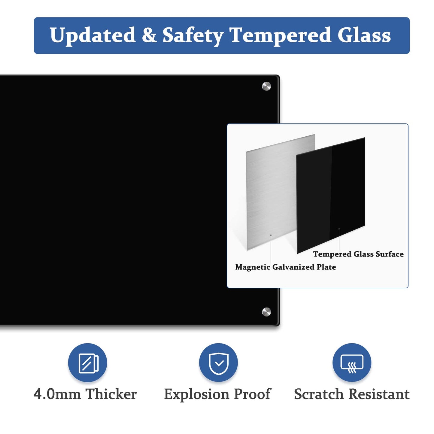 AMUSIGHT Black Dry Erase Board, 48'' x 36'' Magnetic Large Black Glass Board Frameless Wall Mounted Glass Whiteboard for Office, School & Home with 1 Acrylic Marker Tray & 3 Strong Magnet