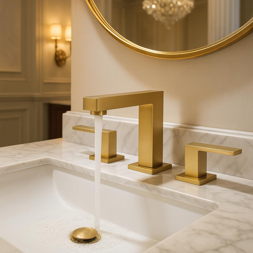 Indare Brushed Gold Bathroom Faucets, Vanity Faucets for Sink 3 Hole ,Two Handles Widespread 4 Inch 8 Inch Brass Bathroom Sink Faucet with Pop Up Drain and Cupc Lead-Free Hose