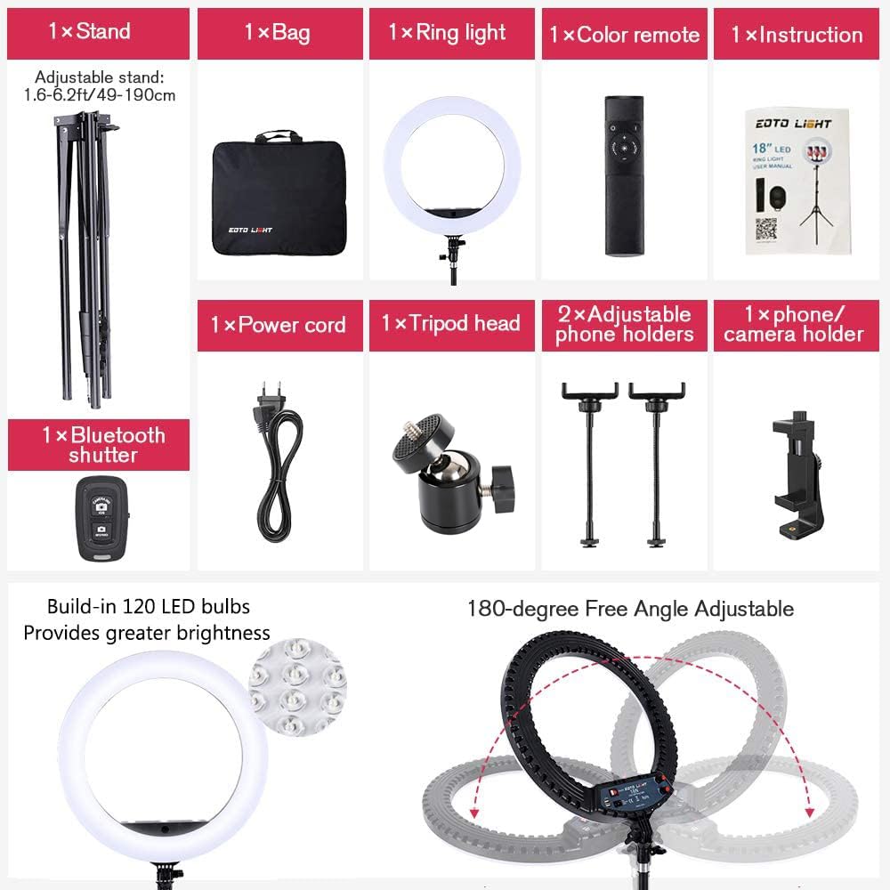18 inch LED Ring Light with Tripod Stand Dimmable Makeup Selfie Ring light for Studio Portrait YouTube Vlog Video Shooting with Carrying Bag and Remote Controller, CRI 90