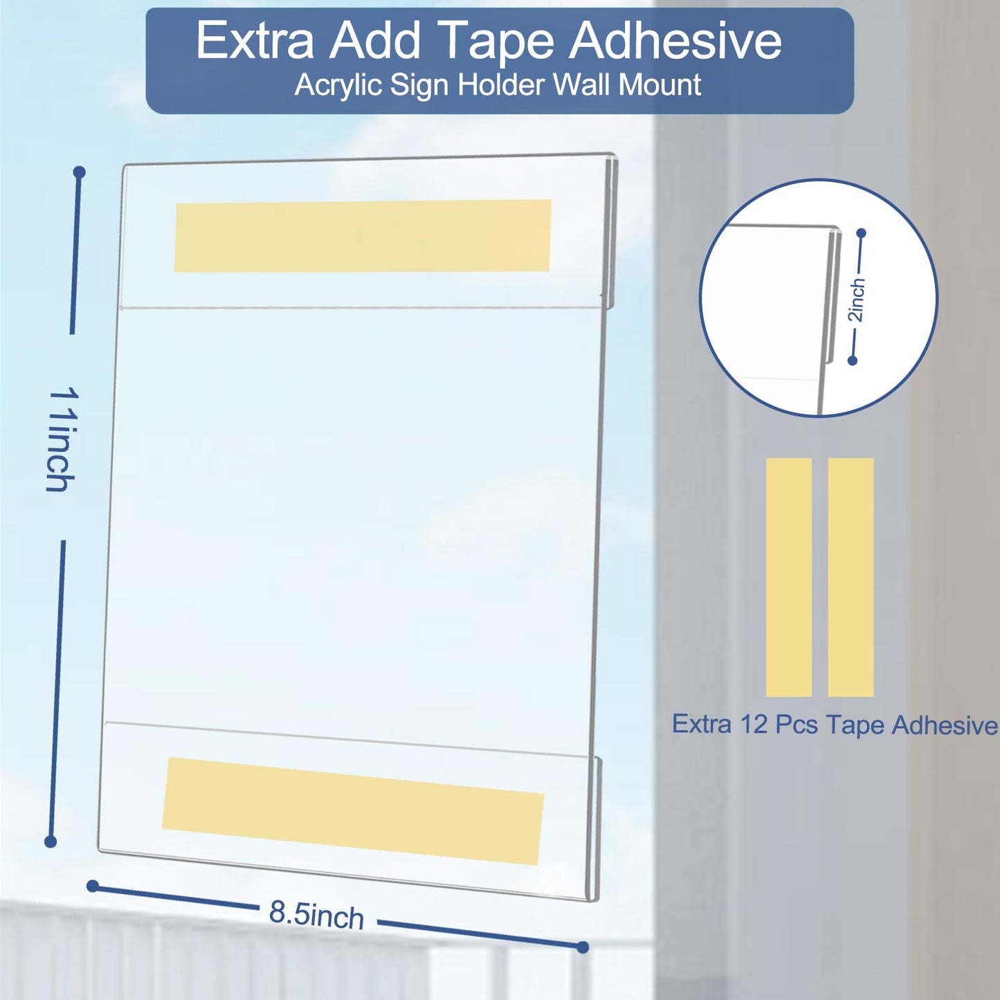 Acrylic Sign Holder 8.5 x 11 Wall Mount, 8.5 X 11 inch Clear Plastic Paper Sign Display with Tape, No Drilling Acrylic Wall Frame for Office, Home, Store, Restaurant (24 Pack)