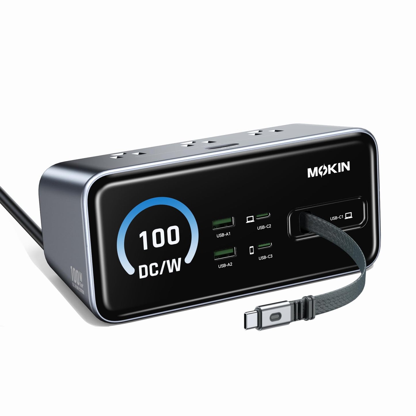 MOKiN 8-in-1 Charging Station 100W GaN,Fast Desktop Charging Station with 3 AC, 3 USB-C,2 USB-A, USB-C Power Strip with 3ft Retractable Cable Charger Stations for iPhone 17,MacBook Pro, Laptop ect.