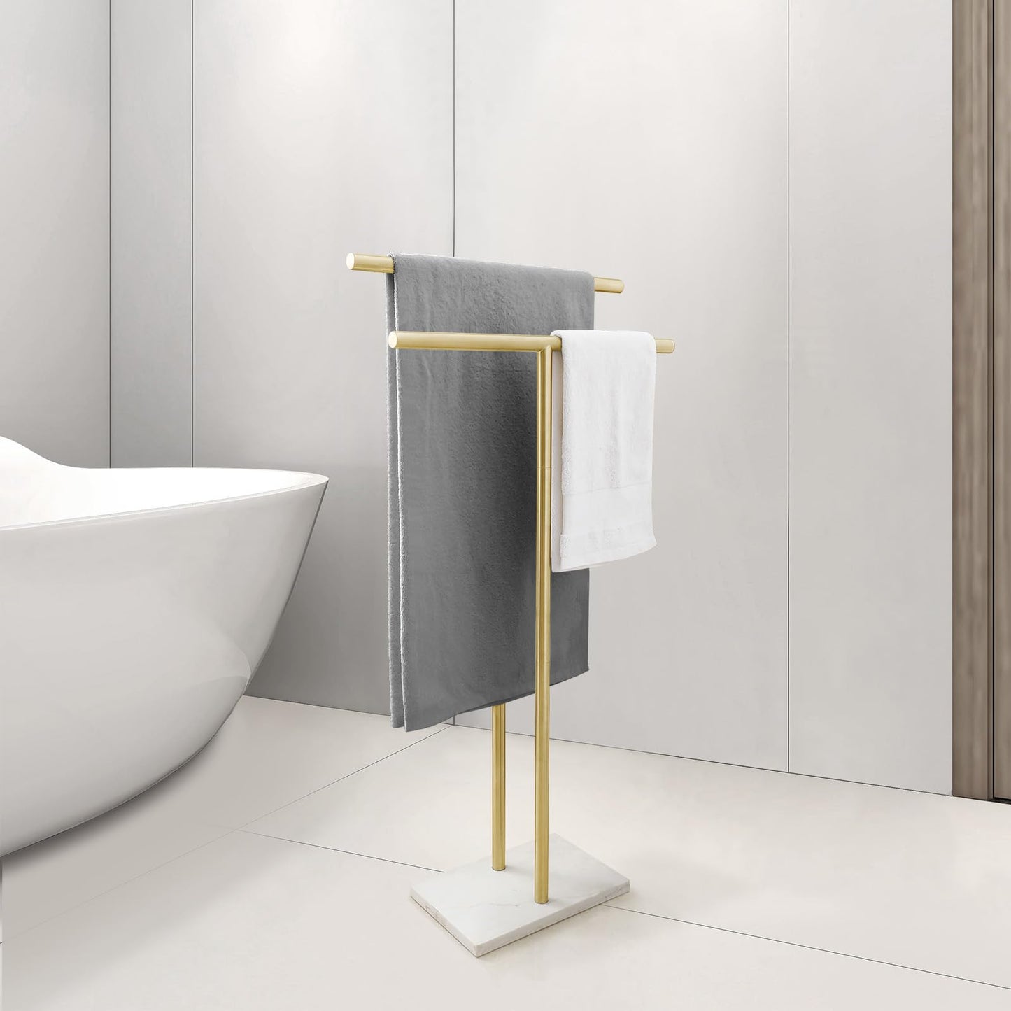 40 Inch Standing Towel Rack for Bathroom Floor Double-T Shape Bath Sheet Holder with Marble Design Base Towel Rack Freestanding Next to Tub or Shower Towel Holder Stand SUS304 Brushed Gold