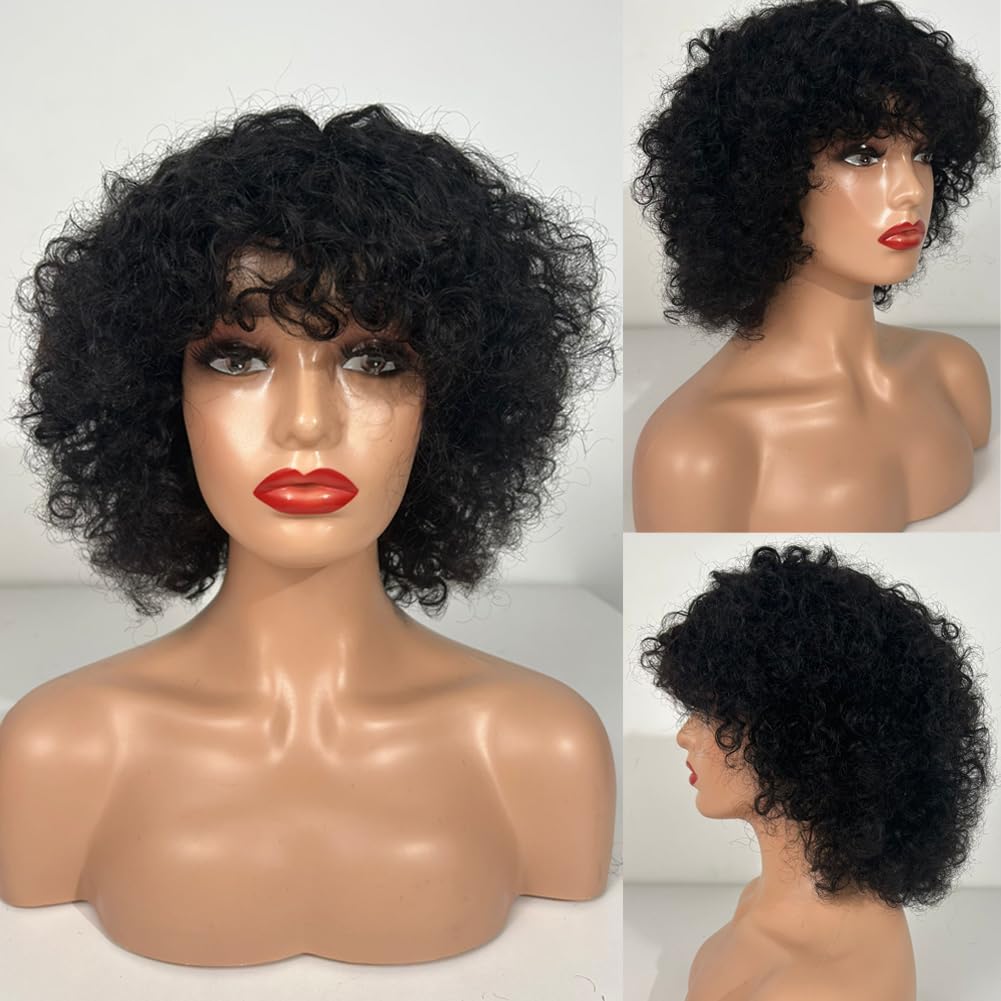 Queenset Short Curly Human Hair Wigs with Bangs Glueless Wigs for Black Women Human Hair Wear and Go Brazilian Deep Wave Curly Wigs with Bangs None Lace Front Wigs Human Hair Natural Black Color