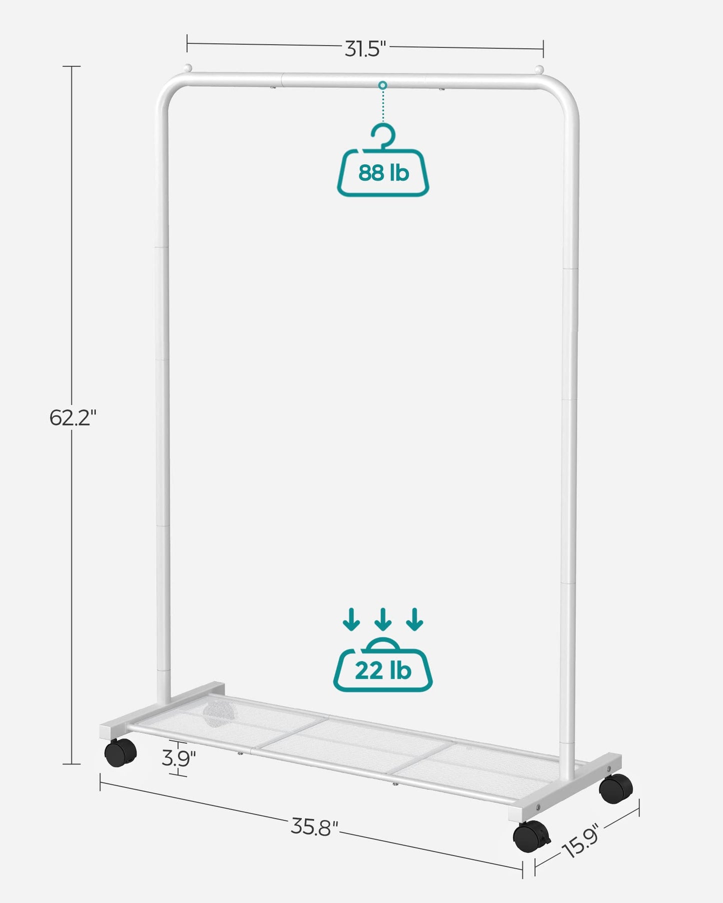 SONGMICS Clothes Rack with Wheels, Clothing Rack for Hanging Clothes, 25.4 mm Metal Garment Rack with Dense Mesh Storage Shelf, 110 lb Load Capacity, 2 Brakes, Cloud White UHSR025W01