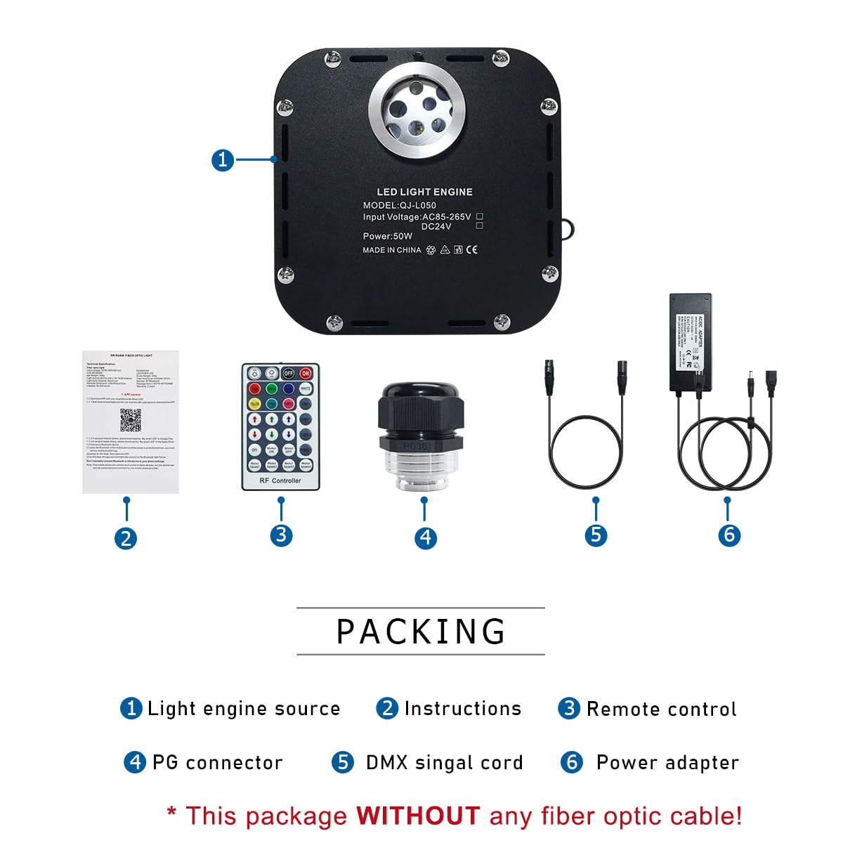 AKEPO 50W RGBW Twinkle Fiber Optic Light Engine, Twinkle + DMX Function + 28-Key Remote for Home Fiber Optic Star