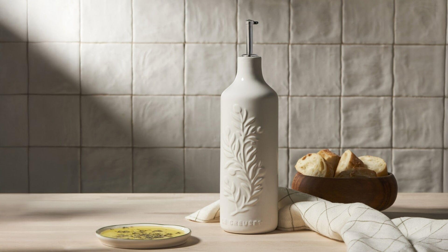 Le Creuset Stoneware Olive Branch Collection Oil Cruet, 20 oz., White