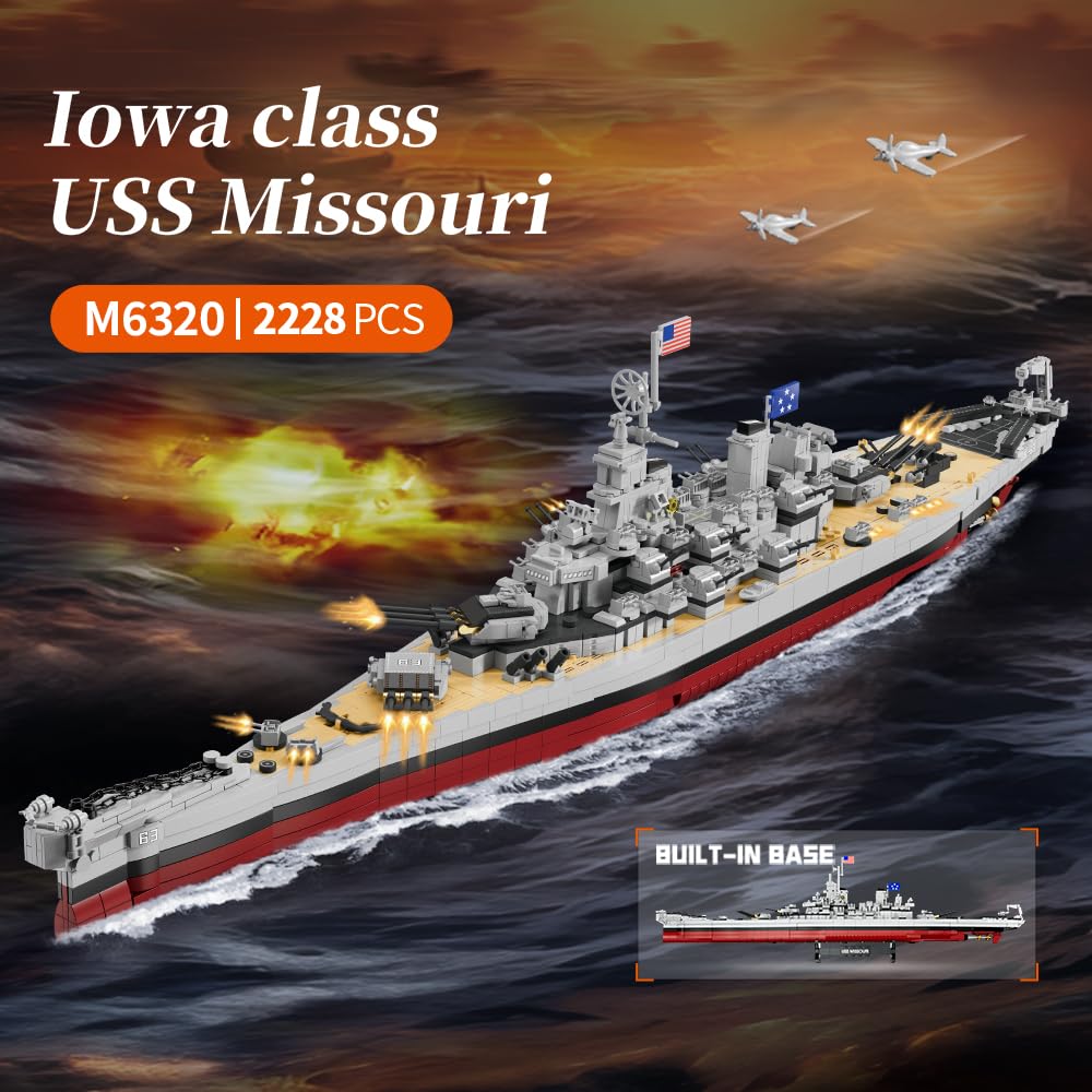 MISINI M6320 Military Series World War II Battleship Building Kit, 2228 Teile USS Missouri Battleship, Toy Gift Ship Building Block Set for Adult Collection(Iowa)