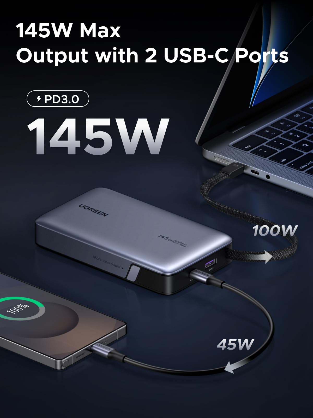 UGREEN Nexode Power Bank, 20000mAh 145W Laptop Portable Charger with Built-in USB-C Cable 72Wh Fast Charging Business Travel Battery Pack for MacBook Pro/Air/ipad/iPhone 17/Samsung S25/Dell/HP/Lenovo