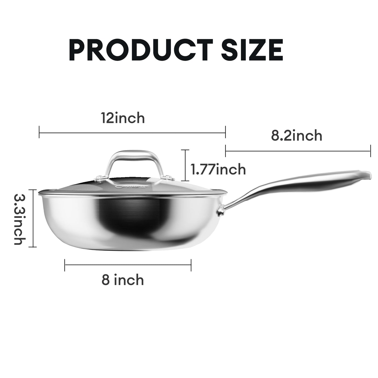 COOKER KING 12-Inch Hybrid Stainless Steel Wok with Lid, Nonstick Stir Fry Pan & Deep Frying Pan, Tri-Ply Clad Honeycomb Everyday Pan, Induction Ready, Oven & Dishwasher Safe, PFOA Free