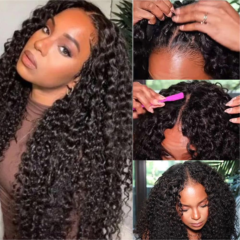UNILO V Part Wig Human Hair No Leave Out Upgrade Curly V Part Wig Human Hair Wig for Women 150% Density V Part Wig No Glue No Sew Clip In Half Wig Natural Color 20 Inch