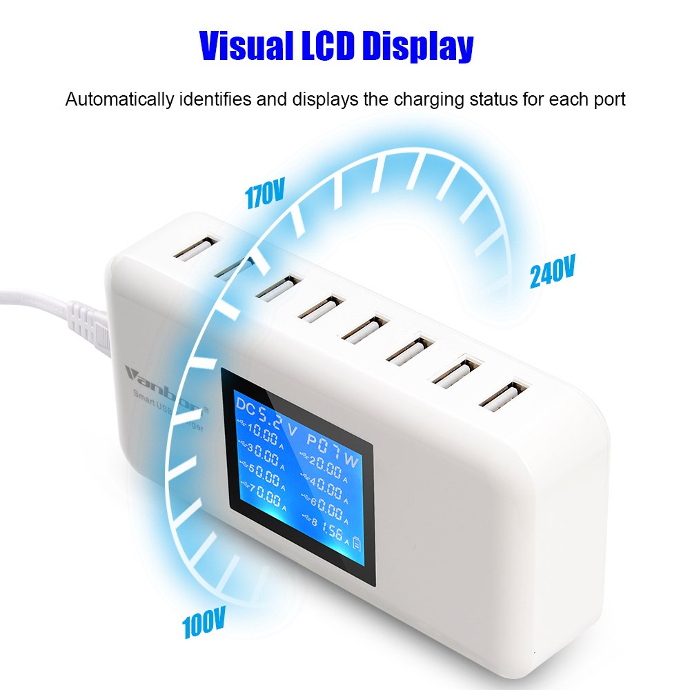 60W/12A 8-Port Desktop Charging Station Multiple USB, Multi Port Travel Fast Wall Charger Hub with LCD for Smart Phones, Tablet and More (White)