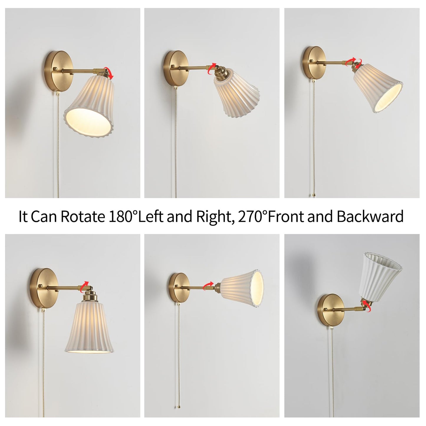 2-Pack Modern Gold Ceramic Hardwired Wall Sconces with Pull Chain Switch & Adjustable Arms – Indoor Wall Light Fixtures for Living Room, Bedroom, Kitchen & Home Office