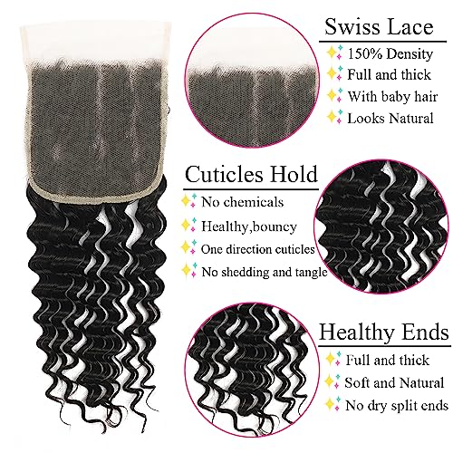 5x5 Closure Deep Wave Transparent HD Lace Closure 12A Brazilian Virgin Human Hair Closure Free Part Pre Plucked with Baby Hair Natural Color 16 Inch