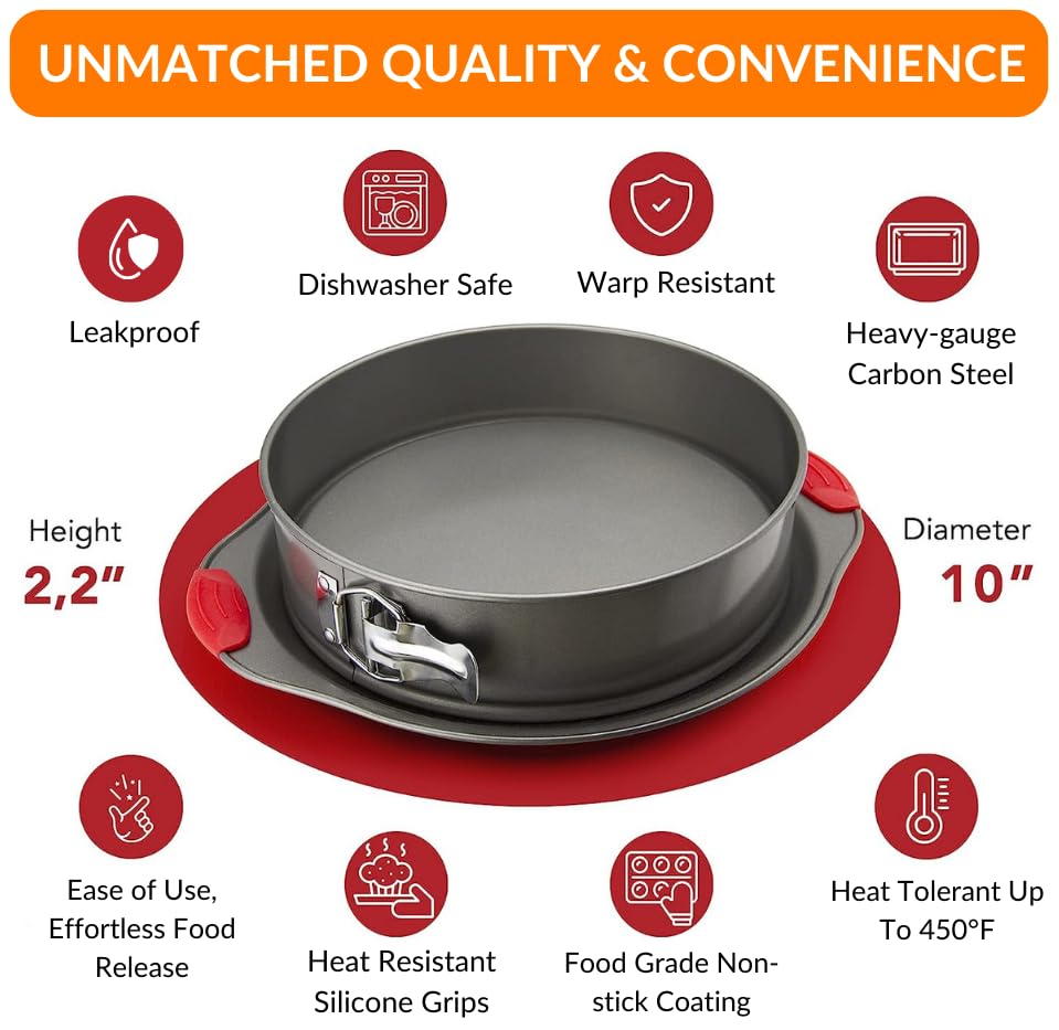 Boxiki Kitchen 10 Inch Nonstick Springform Pan, Professional Spring Form and Cheesecake Baking Mold, Leakproof Cake Pan with Silicone Handles