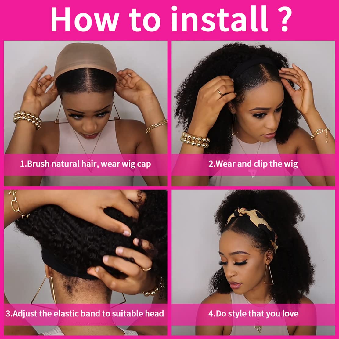 Aiterina 26 Inch Headband Wig Human Hair Deep Wave Headband Wigs for Black Women Virgin Human Hair Headband Wig Glueless Curly Headband Wig Human Hair Headband Wig Natural Color