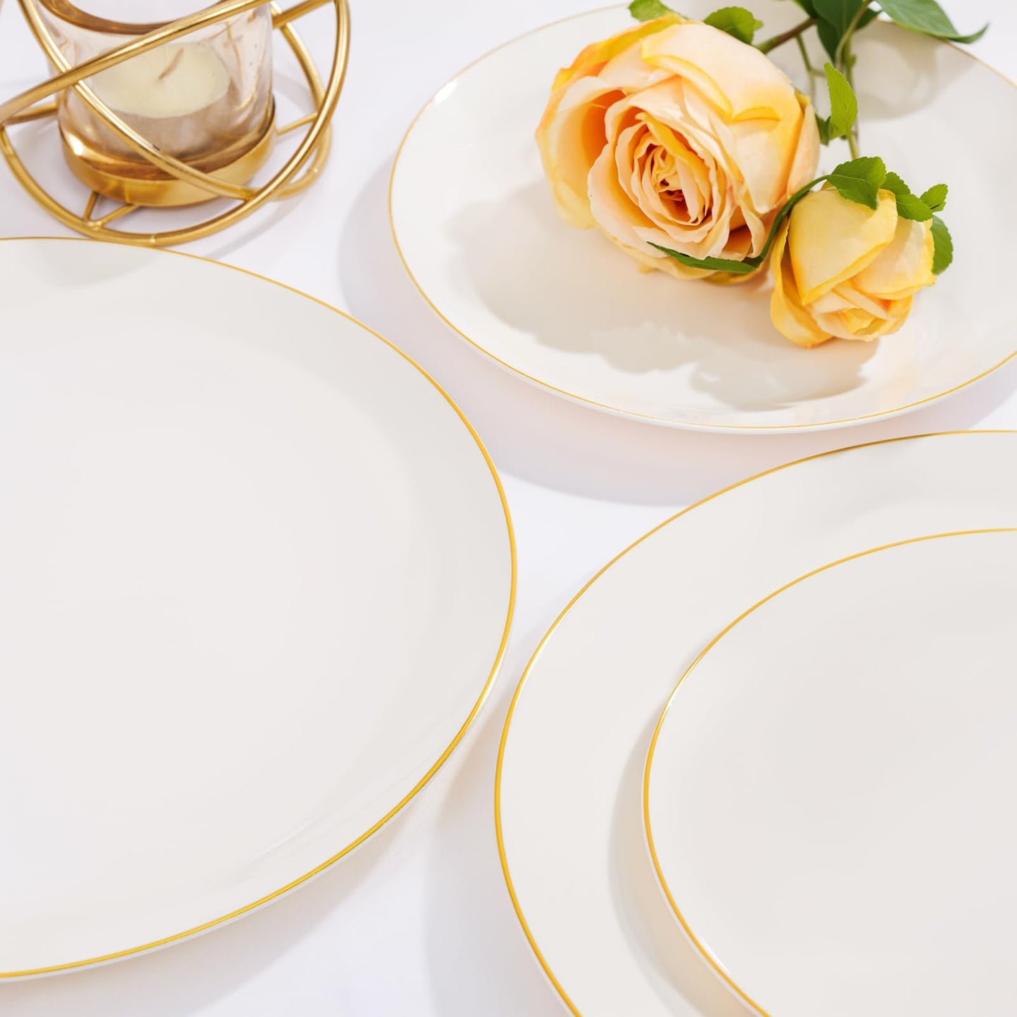 Nervure 100Pcs Ivory and Gold Plastic Plates - 10.25inch Disposable Ivory Dinner Plates - Heavy Duty Plastic Plate Ideal for Wedding & Party