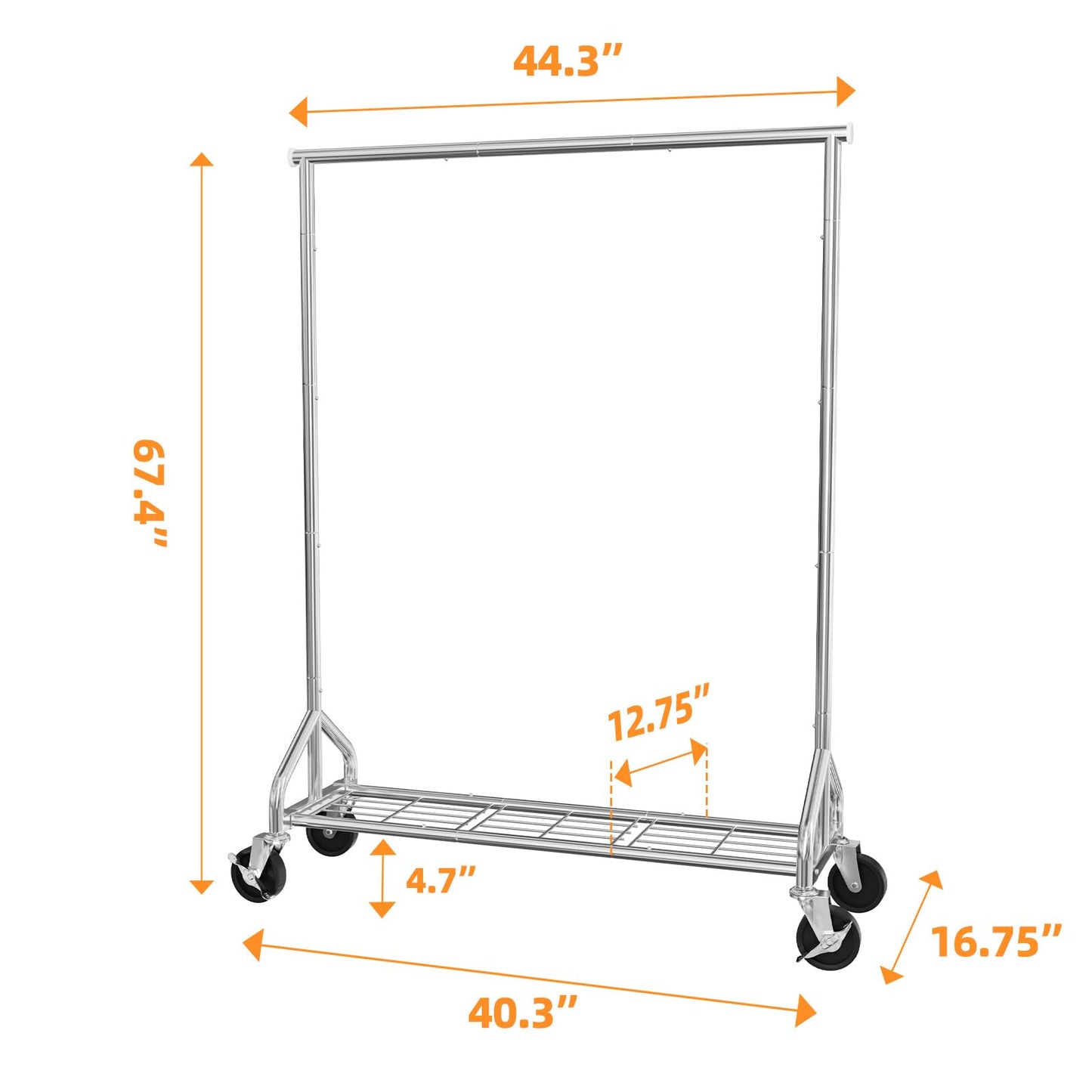 Ekisemio Heavy Duty Rolling Clothes Rack with Wheels and Shelves, 450 lbs Capacity, Portable Garment Rack for Hanging Clothes, Standing Wardrobe for Closet, Bedroom, Commercial Use, Chrome