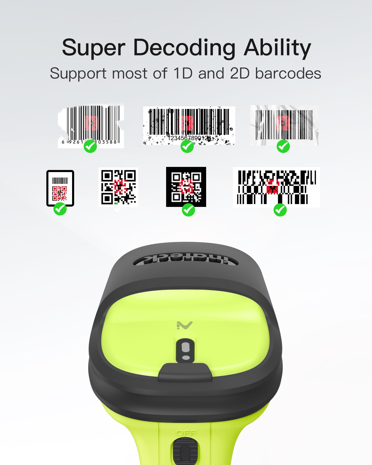 Inateck 2D Barcode Scanner, Wireless Bluetooth QR Code Scanner with AI APP & SDK, 180-Day Battery Life, Fast & Accurate Scanning, Compatible with iOS/Android/Windows, BCST-72 Green