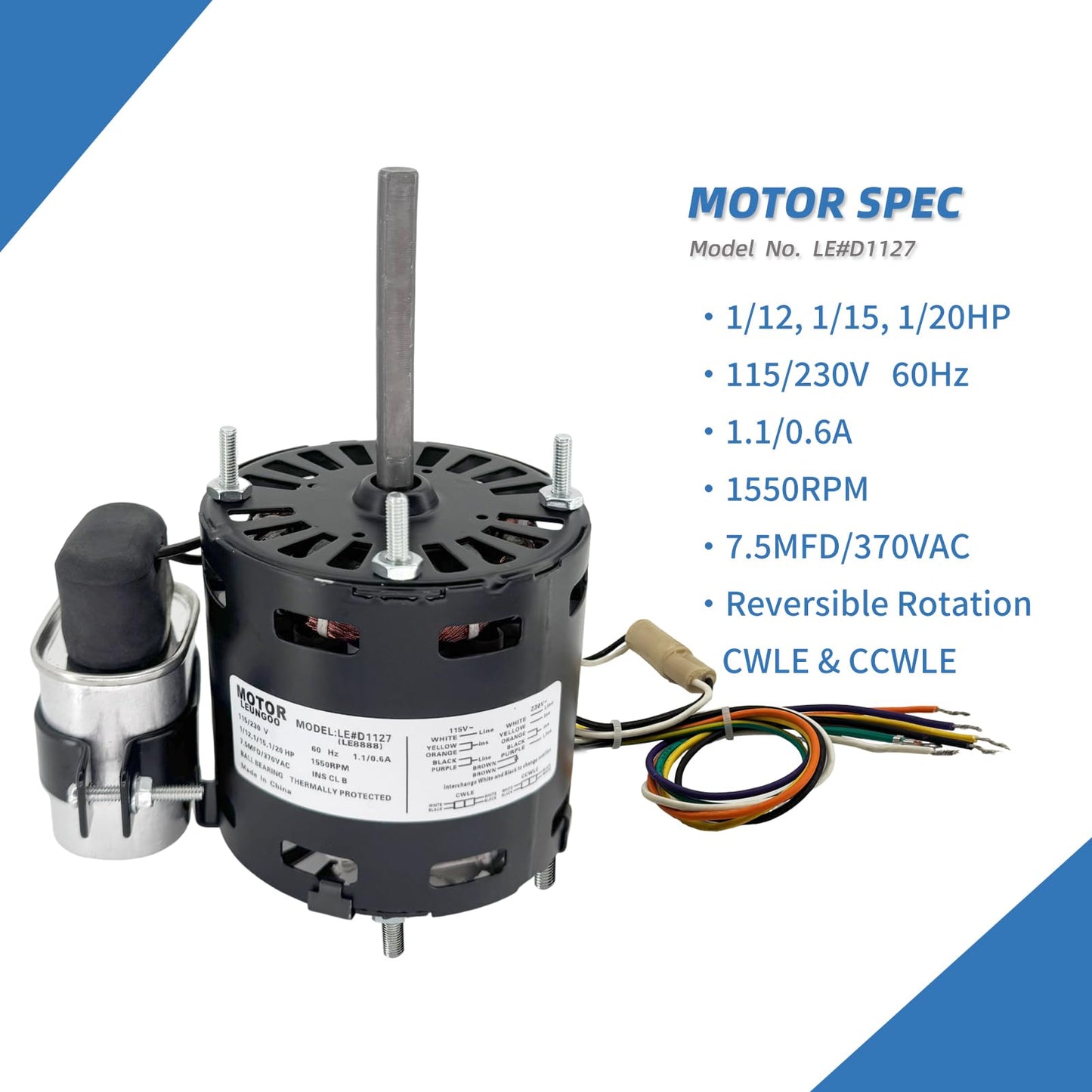 LEUNGOO 9721, D1127 Refrigeration Fan Motor Replaces Fasco Blower D1101 1126 Century 9650 AO Smith 9656 Bohn 25309101 5008, 1/12HP, 1/15, 1/20HP, 3.3in 1550RPM 115/230V, 60Hz 1.1/0.6A PD1127 EM1127