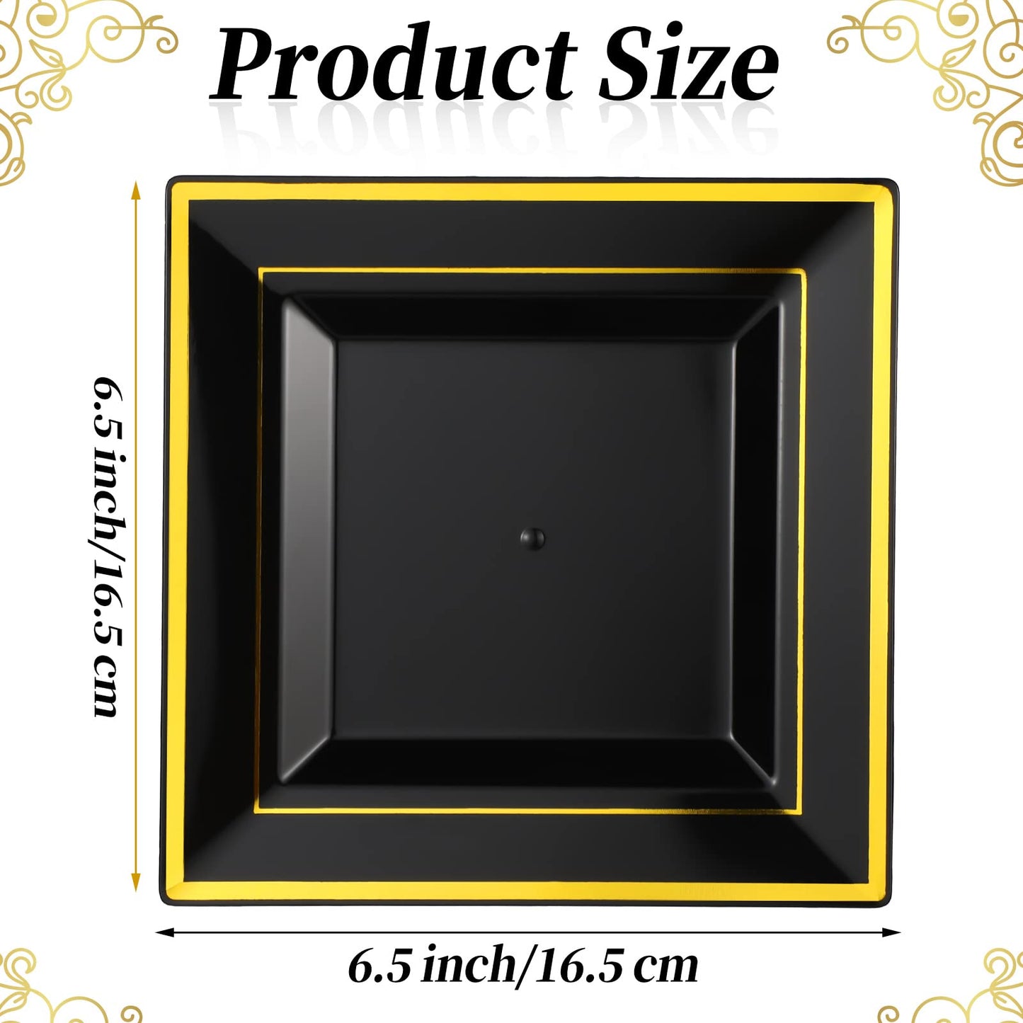 Gandeer 200 PCS Black and Gold Plastic Dessert Plates Square 6.5 Inch Disposable Appetizer Cake Salad Plates Silverware with Gold Rim for Wedding Birthday Anniversary Party