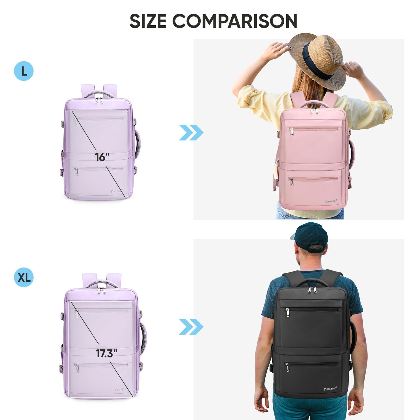 BALEINE Travel Backpack for Women Men, Large Sturdy Carry On Laptop Backpack Gifts for Business, Casual, Weekender, Hiking (XL, Lavender)