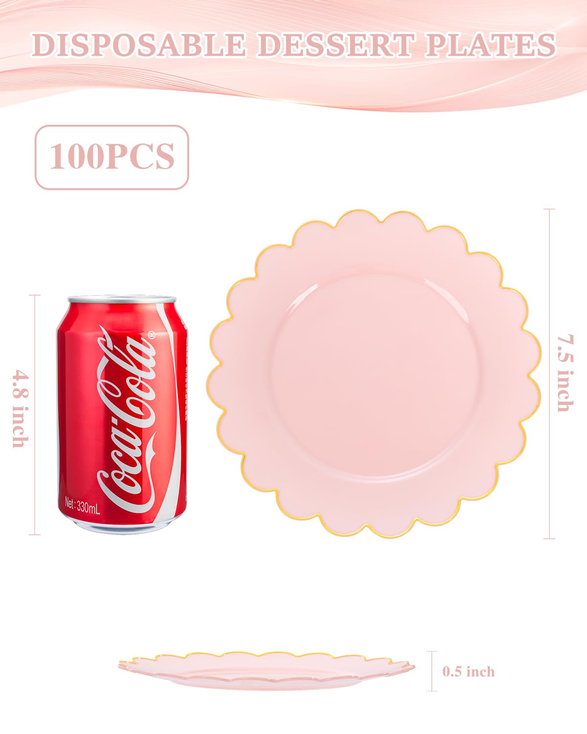 LIYH 100 Pcs 7.5" Pink Plastic Plates with Gold Disposable Pink Dessert Plates Gold Plastic Plate,Baby Shower Plate Set Suitable for Weddings Bridal Showers Afternoon Tea