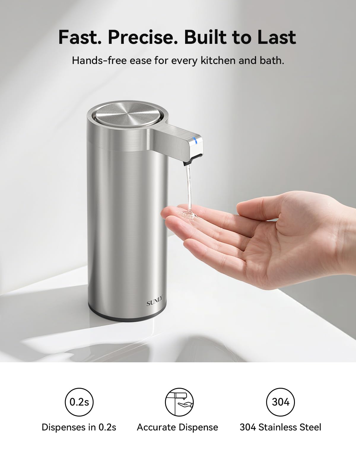 SUNLY Touchless Automatic Soap Dispenser – Clog-Free Pump, 0.2s Fast Sensor, USB-C Rechargeable, Smudge-Resistant Stainless Steel, for Kitchen & Bathroom Soap Dispenser