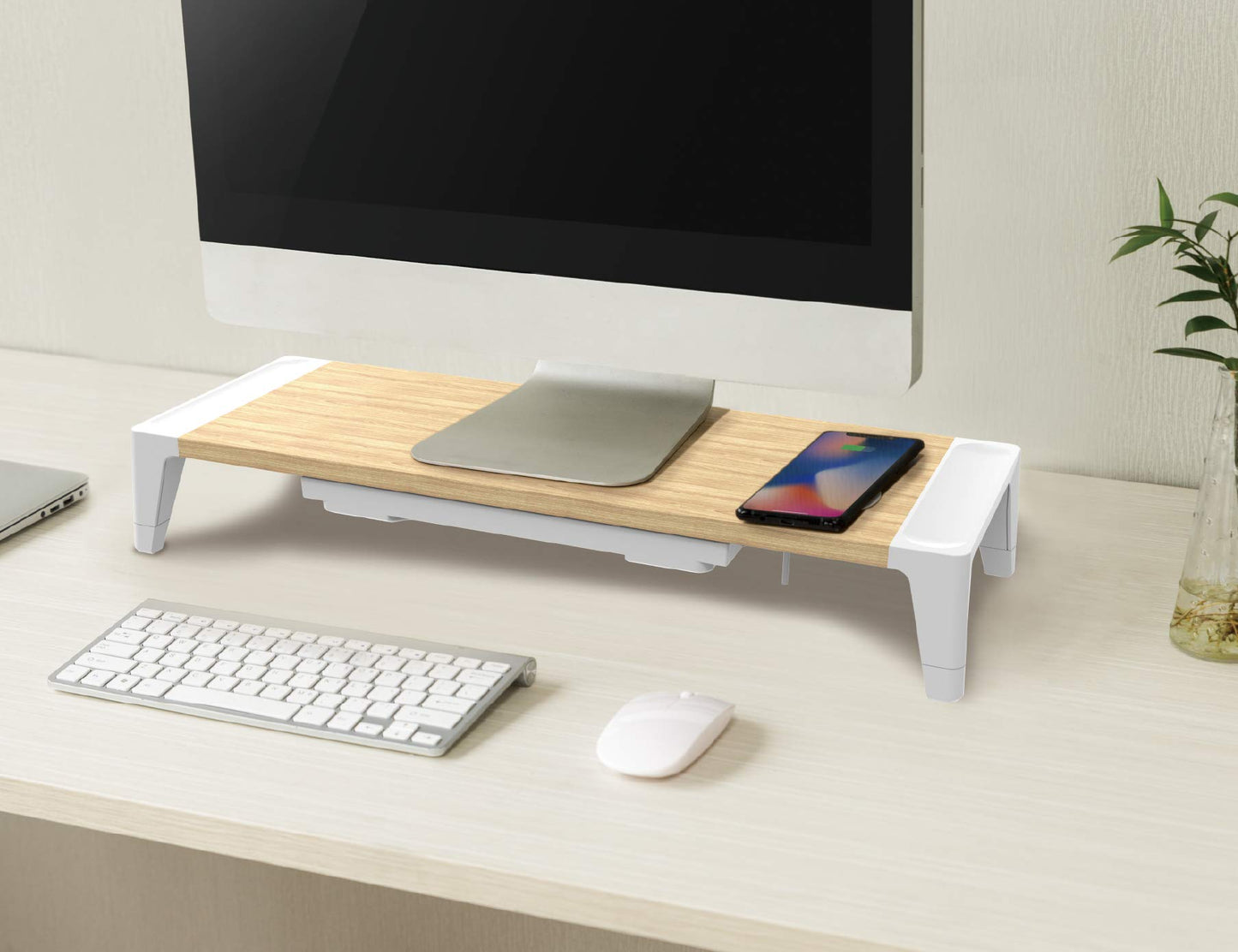 Bostitch Office Wooden Monitor Stand with Wireless Charging Pad, Drawer for Storage, Adjustable Height Riser Includes Removable Non-Skid Rubber Feet - Wood Grain and White (STND-2408WH)