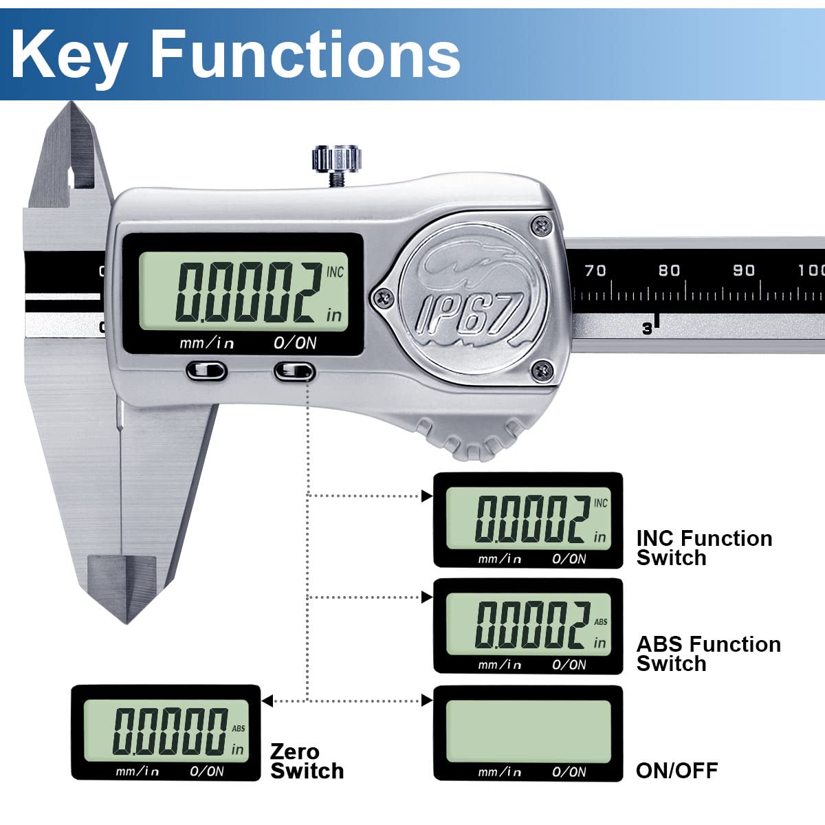 Kynup Digital Caliper, Calipers Measuring Tool with IP67 Waterproof, Extreme Accuracy, Stainless Steel Design, Auto Power Off, Switch from Inch Metric (6Inch/150MM)