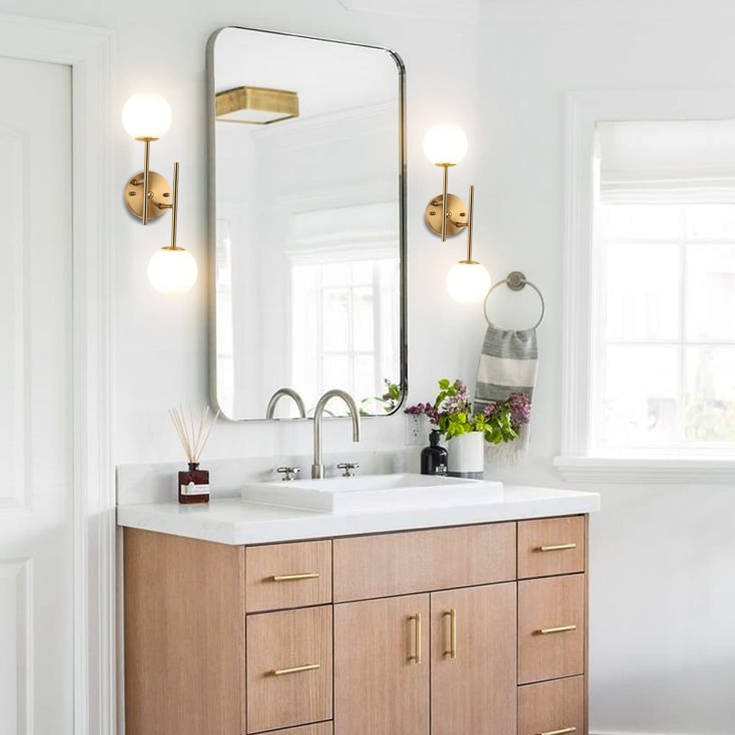 BYOLIIMA Gold Globe Wall Sconce, 7.5" W x 20" H, G9 Base, Compatible with LED or Halogen Bulbs, Perfect for Bathroom, Kitchen, Living Room, Home Office, Lobby, Bedroom