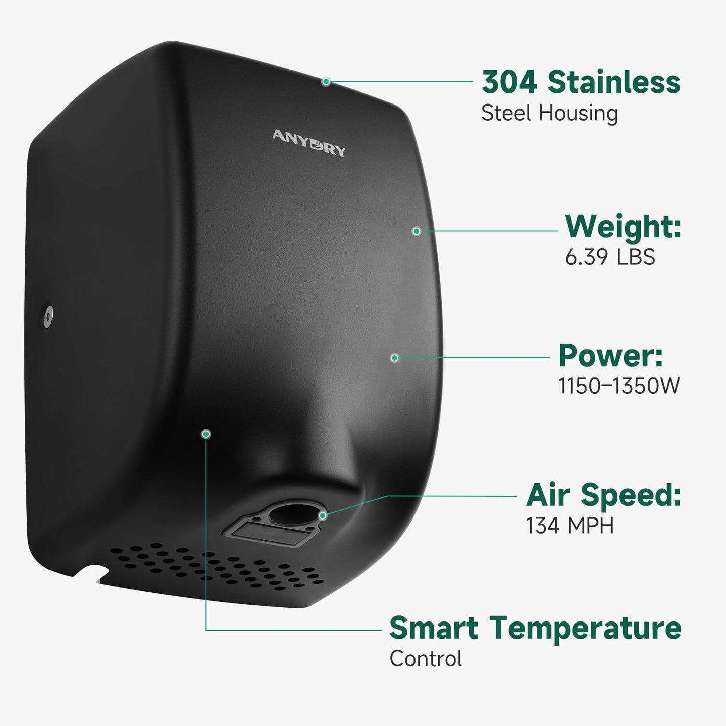 anydry Compact Hand Dryer, High-Speed 1350W Airflow, Matte Black Finish, Space-Saving for Commercial & Home Use, Model 2803Y