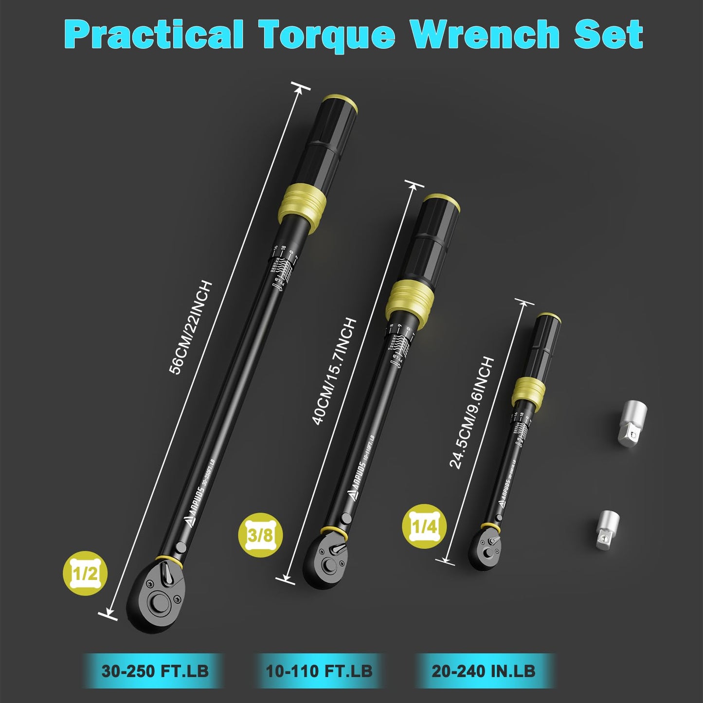 ANPUDS 1/4 3/8 1/2-inch Drive Torque Wrench, 5 Pcs Click Torque Wrench Set, 20-240in.lb, 10-110Ft.lb, 30-250Ft.lb with 2 Adapters, Dual-Direction, 72-Tooth, Dual Range Scales for Bike, Motorcycle, Car