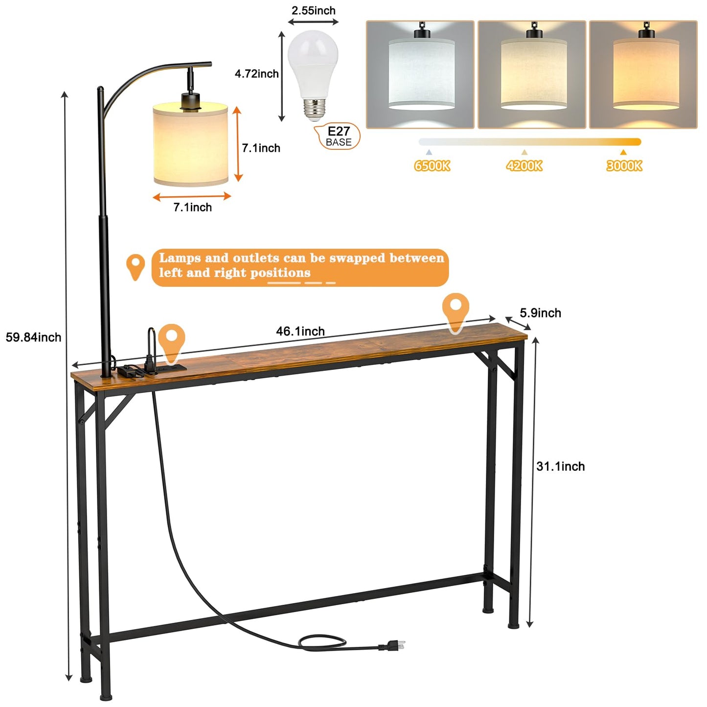 keomaisyto Skinny Console Table with Outlet, Narrow Sofa Table with 3-Color Light, Behind Couch Table with 3 Color Temperatures Led Bulb for Living Room, Bedroom, Entryway, Hallway