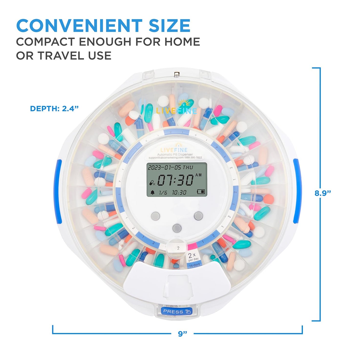 LiveFine Automatic Pill Dispenser with 28-Day Electronic Medication Organizer, 6 Dosage Rings, LCD Display with Sound & Light Alerts, Key & Magnifying Glass for Prescriptions, Vitamins & Supplements