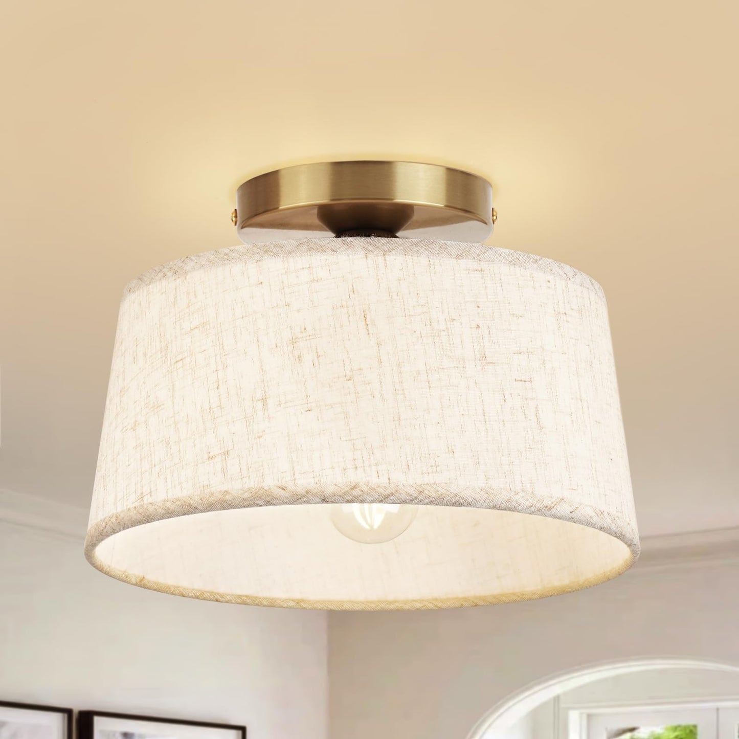 HILUXIA 2P Modern Ceiling Light Fixture, 10 Inch Semi Flush Mount Lamp with Linen Shade, E26 Base, Gold for Kitchen Bedroom Hallway Closet Entryway Room Small Spaces, 2 Pack