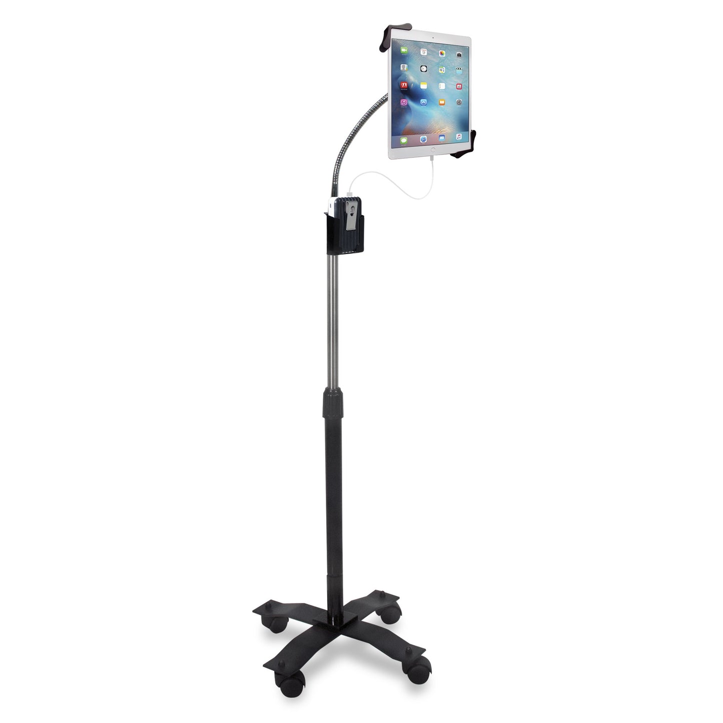 Gooseneck Floor Stand – CTA’s Compact, Adjustable Gooseneck with Swivel Casters for iPad 7th/ 8th/ 9th Gen 10.2”, iPad Air 4, 12.9”, Surface Pro, Zebra & Other 7-13” Tablets (PAD-CGS)