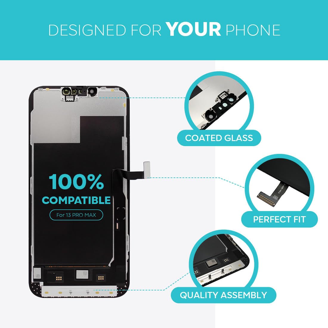 Ace Tech Cellular LCD Screen Replacement for iPhone 13 Pro Max (A2484, A2641, A2644, A2645, A2643) 6.7 inch Touch Screen Display Digitizer Frame Assembly W/Repair Kit + Tempered Glass + Adhesive